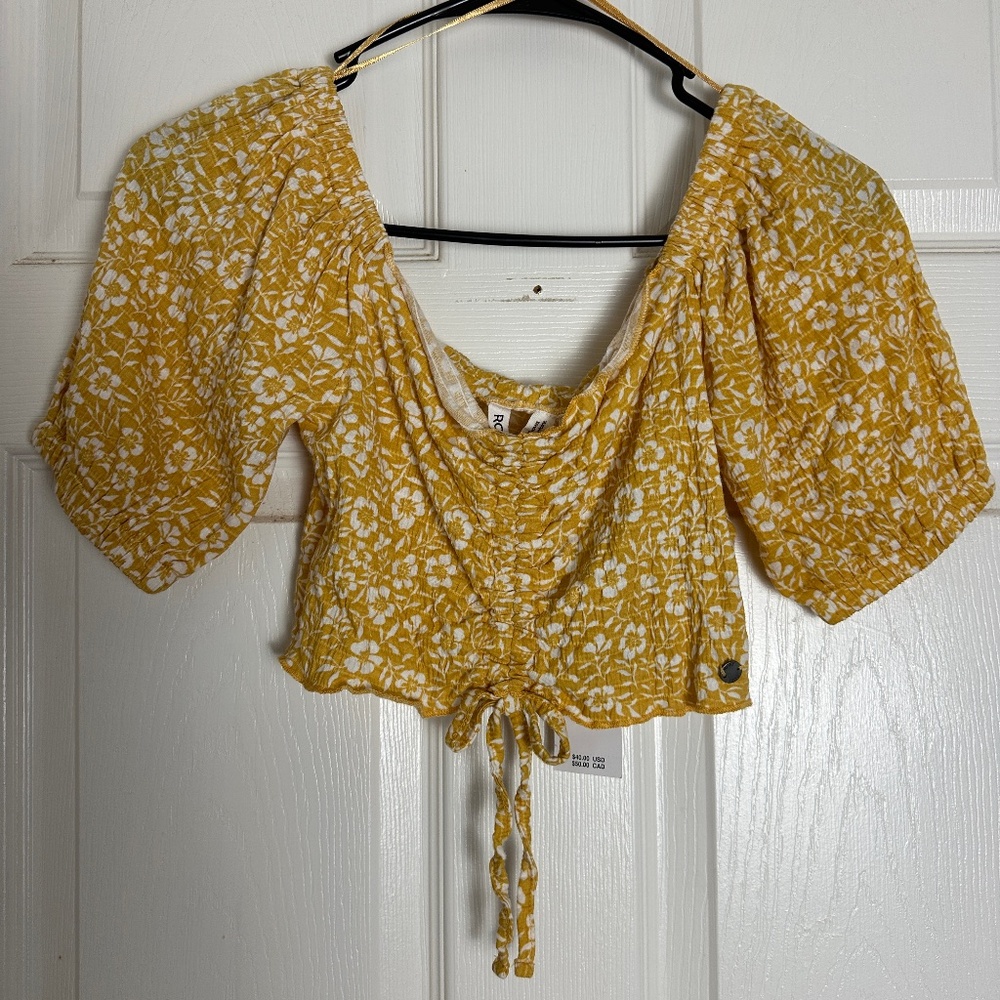 NWT Roxy Flirty Walk Ochre Woodblock Ditsy Cropped Puff Sleeve Top Women Size S